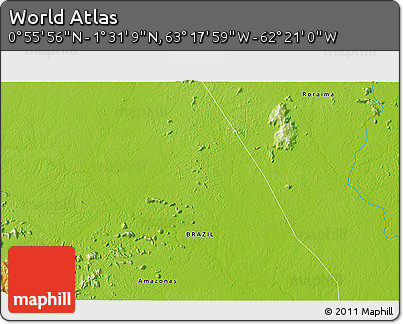 Physical 3D Map of the Area around 1° 13' 33" N, 62° 49' 30" W