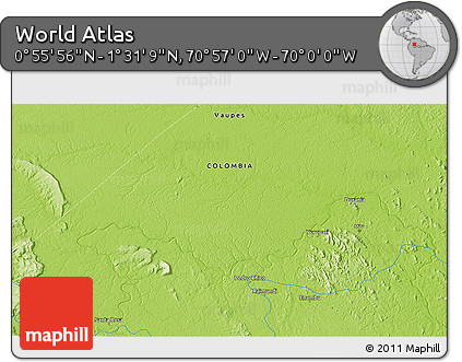 Physical 3D Map of the Area around 1° 13' 33" N, 70° 28' 29" W