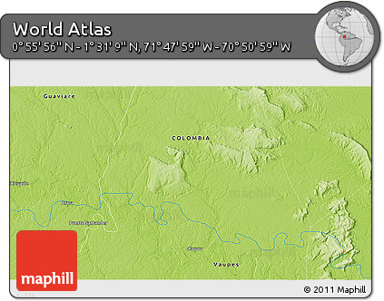 Physical 3D Map of the Area around 1° 13' 33" N, 71° 19' 29" W