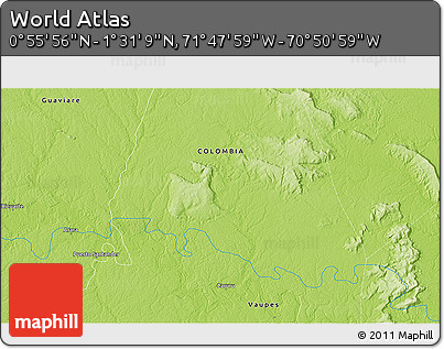 Physical 3D Map of the Area around 1° 13' 33" N, 71° 19' 29" W