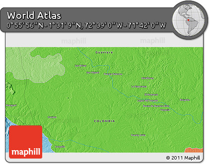 Political 3D Map of the Area around 1° 13' 33" N, 72° 10' 30" W