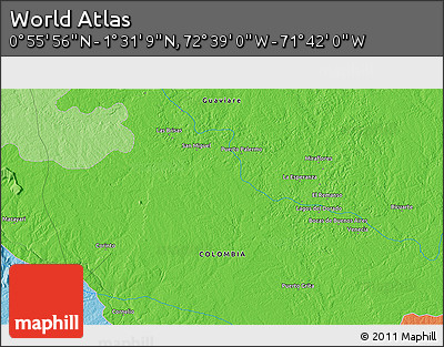 Political 3D Map of the Area around 1° 13' 33" N, 72° 10' 30" W