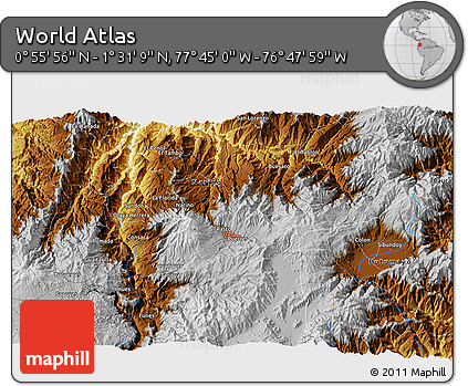 Physical 3D Map of the Area around 1° 13' 33" N, 77° 16' 30" W