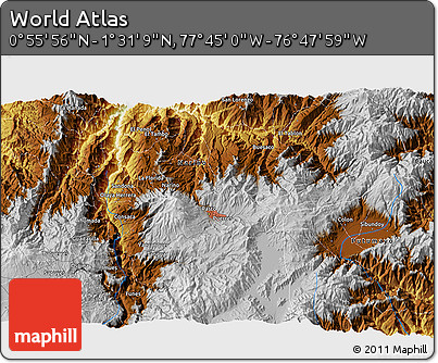Physical 3D Map of the Area around 1° 13' 33" N, 77° 16' 30" W