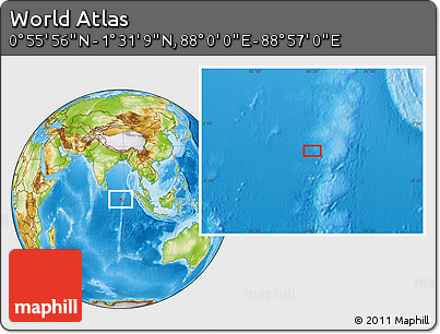 Physical Location Map of the Area around 1° 13' 33" N, 88° 28' 29" E
