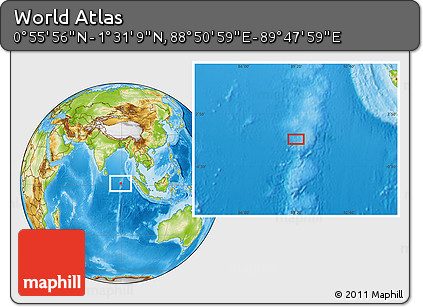 Physical Location Map of the Area around 1° 13' 33" N, 89° 19' 29" E