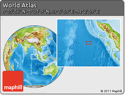 Physical Location Map of the Area around 1° 13' 33" N, 93° 34' 29" E