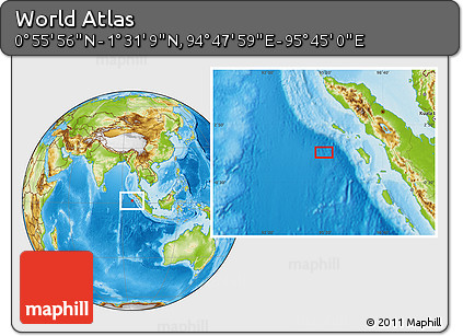 Physical Location Map of the Area around 1° 13' 33" N, 95° 16' 30" E