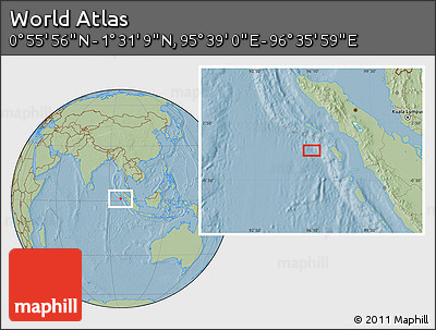 Savanna Style Location Map of the Area around 1° 13' 33" N, 96° 7' 30" E, hill shading