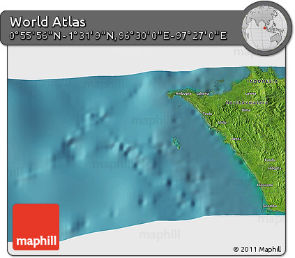 Satellite 3D Map of the Area around 1° 13' 33" N, 96° 58' 29" E