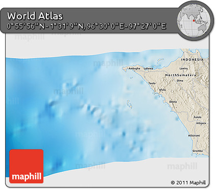 Shaded Relief 3D Map of the Area around 1° 13' 33" N, 96° 58' 29" E