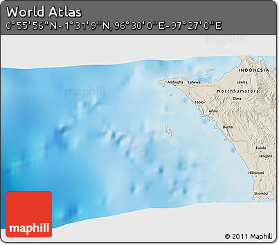 Shaded Relief 3D Map of the Area around 1° 13' 33" N, 96° 58' 29" E