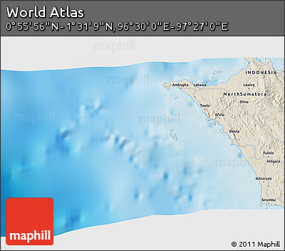 Shaded Relief 3D Map of the Area around 1° 13' 33" N, 96° 58' 29" E