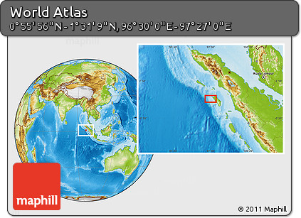 Physical Location Map of the Area around 1° 13' 33" N, 96° 58' 29" E