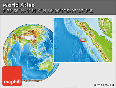 Physical Location Map of the Area around 1° 13' 33" N, 96° 58' 29" E