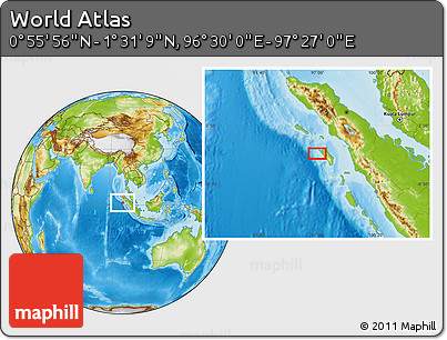 Physical Location Map of the Area around 1° 13' 33" N, 96° 58' 29" E
