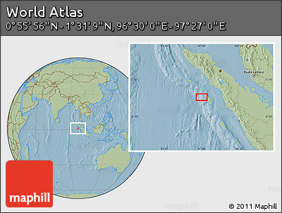 Savanna Style Location Map of the Area around 1° 13' 33" N, 96° 58' 29" E, hill shading