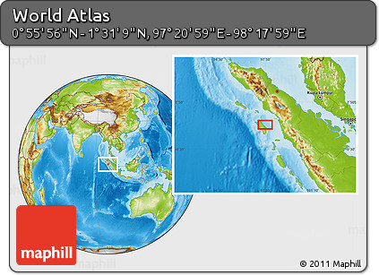 Physical Location Map of the Area around 1° 13' 33" N, 97° 49' 29" E