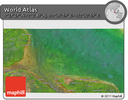 Satellite 3D Map of the Area around 1° 45' 3" N, 102° 4' 29" E