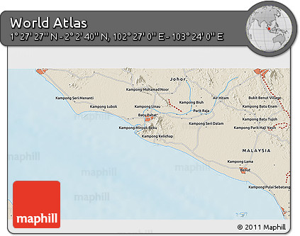 Shaded Relief 3D Map of the Area around 1° 45' 3" N, 102° 55' 30" E