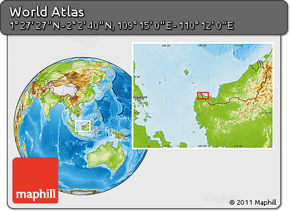 Physical Location Map of the Area around 1° 45' 3" N, 109° 43' 29" E