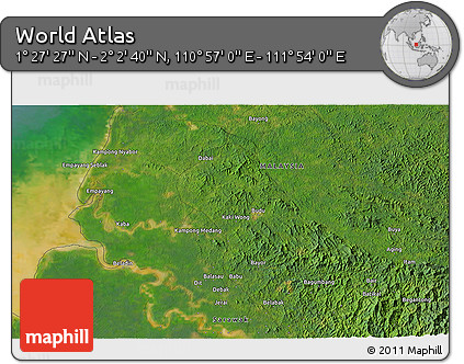 Satellite 3D Map of the Area around 1° 45' 3" N, 111° 25' 30" E