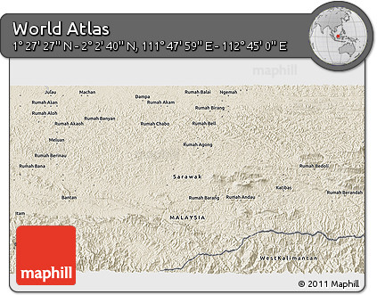 Shaded Relief 3D Map of the Area around 1° 45' 3" N, 112° 16' 30" E