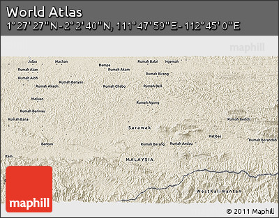 Shaded Relief 3D Map of the Area around 1° 45' 3" N, 112° 16' 30" E