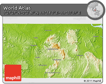 Physical 3D Map of the Area around 1° 45' 3" N, 117° 22' 30" E