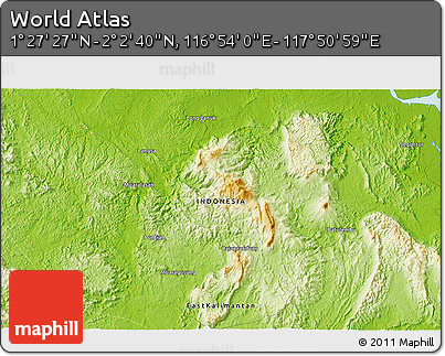 Physical 3D Map of the Area around 1° 45' 3" N, 117° 22' 30" E