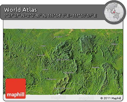 Satellite 3D Map of the Area around 1° 45' 3" N, 117° 22' 30" E