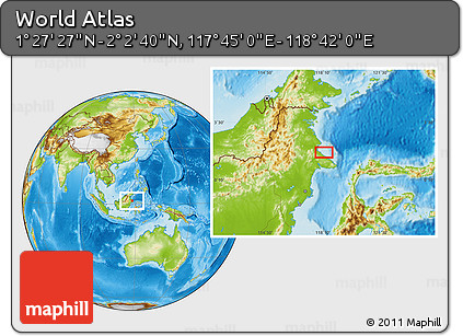 Physical Location Map of the Area around 1° 45' 3" N, 118° 13' 29" E