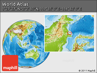 Physical Location Map of the Area around 1° 45' 3" N, 118° 13' 29" E