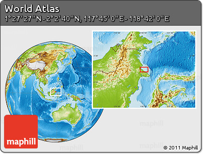 Physical Location Map of the Area around 1° 45' 3" N, 118° 13' 29" E
