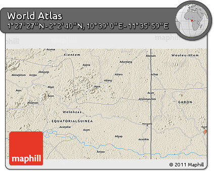 Shaded Relief 3D Map of the Area around 1° 45' 3" N, 11° 7' 30" E
