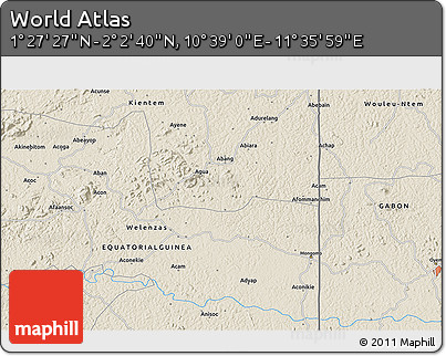 Shaded Relief 3D Map of the Area around 1° 45' 3" N, 11° 7' 30" E