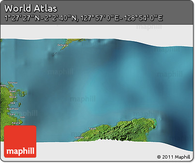 Satellite 3D Map of the Area around 1° 45' 3" N, 128° 25' 30" E