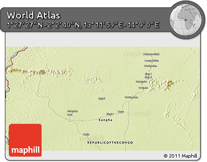 Physical 3D Map of the Area around 1° 45' 3" N, 13° 40' 30" E