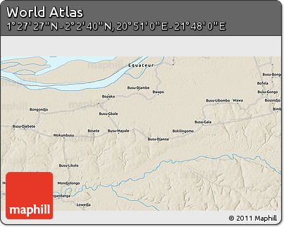 Shaded Relief 3D Map of the Area around 1° 45' 3" N, 21° 19' 30" E