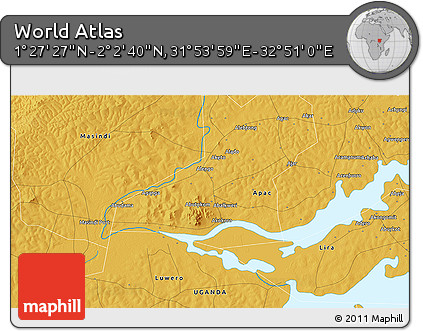 Physical 3D Map of the Area around 1° 45' 3" N, 32° 22' 30" E