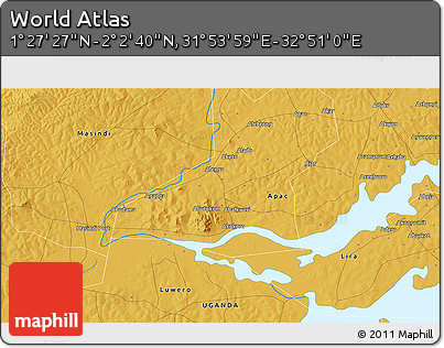 Physical 3D Map of the Area around 1° 45' 3" N, 32° 22' 30" E