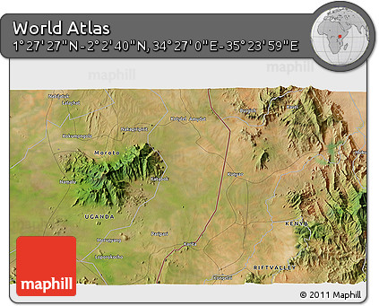 Satellite 3D Map of the Area around 1° 45' 3" N, 34° 55' 29" E