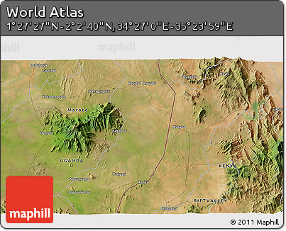 Satellite 3D Map of the Area around 1° 45' 3" N, 34° 55' 29" E