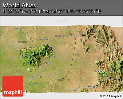 Satellite 3D Map of the Area around 1° 45' 3" N, 34° 55' 29" E