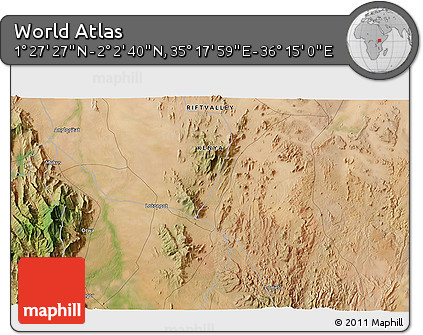 Satellite 3D Map of the Area around 1° 45' 3" N, 35° 46' 29" E