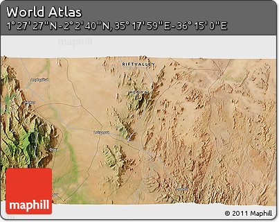 Satellite 3D Map of the Area around 1° 45' 3" N, 35° 46' 29" E