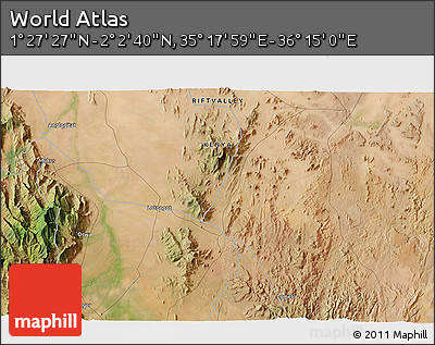 Satellite 3D Map of the Area around 1° 45' 3" N, 35° 46' 29" E