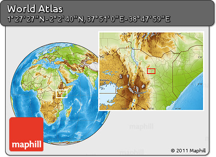 Physical Location Map of the Area around 1° 45' 3" N, 38° 19' 30" E