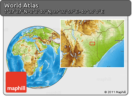 Physical Location Map of the Area around 1° 45' 3" N, 40° 1' 29" E