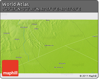 Physical 3D Map of the Area around 1° 45' 3" N, 43° 25' 29" E